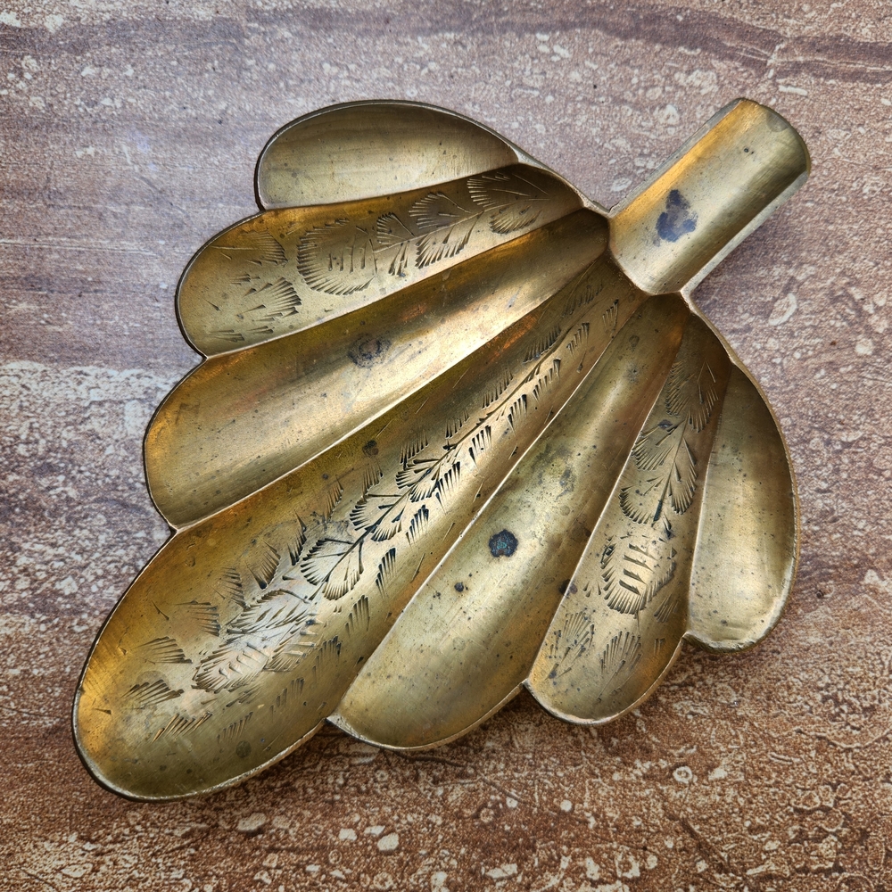 Vintage Footed Brass Leaf Trinket Dish With Etched Design